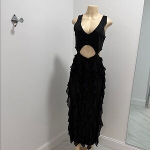 Elegant Black Sleeveless Ruffle Midi Dress